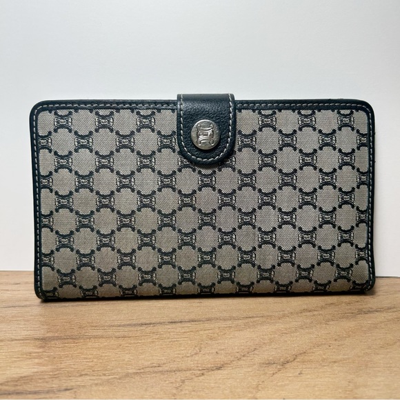 Celine Handbags - Celine Vintage Macadam Canvas Long Bi-fold Wallet in black with leather trim EUC
